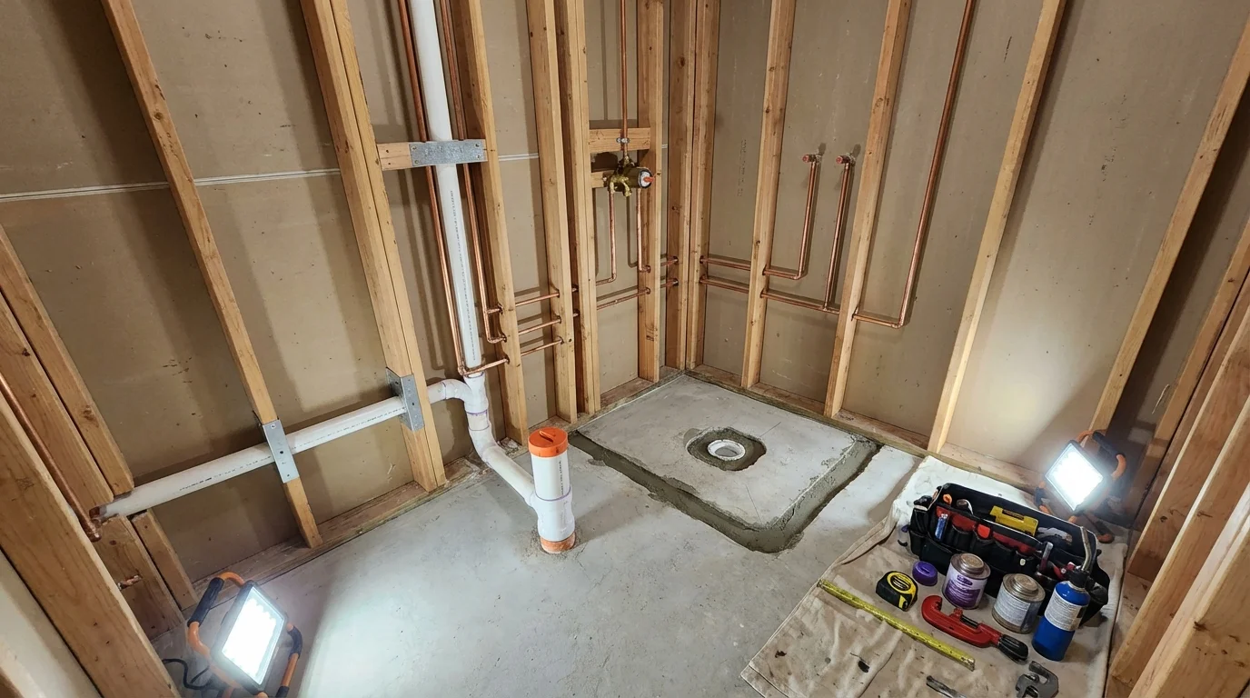 Bathroom rough-in plumbing during remodel by Johns Plumbing LLC in Sharon Springs