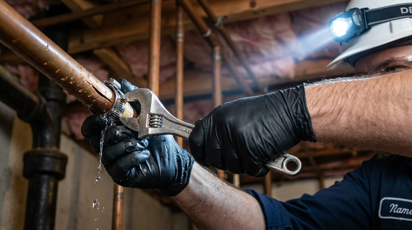 Emergency pipe clamp repair being performed by a Johns Plumbing LLC plumber in Sharon Springs