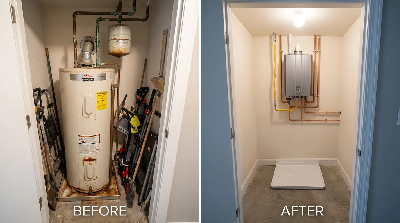 Tank water heater versus wall-mounted tankless unit comparison for Sharon Springs, KS homeowners