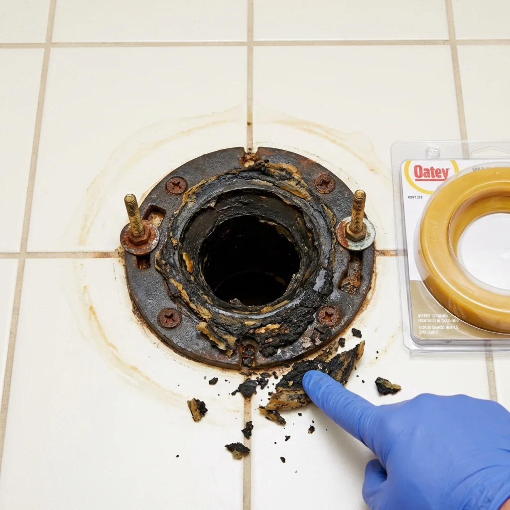 Failed wax ring showing water seepage at the base of a toilet in a Sharon Springs, KS home