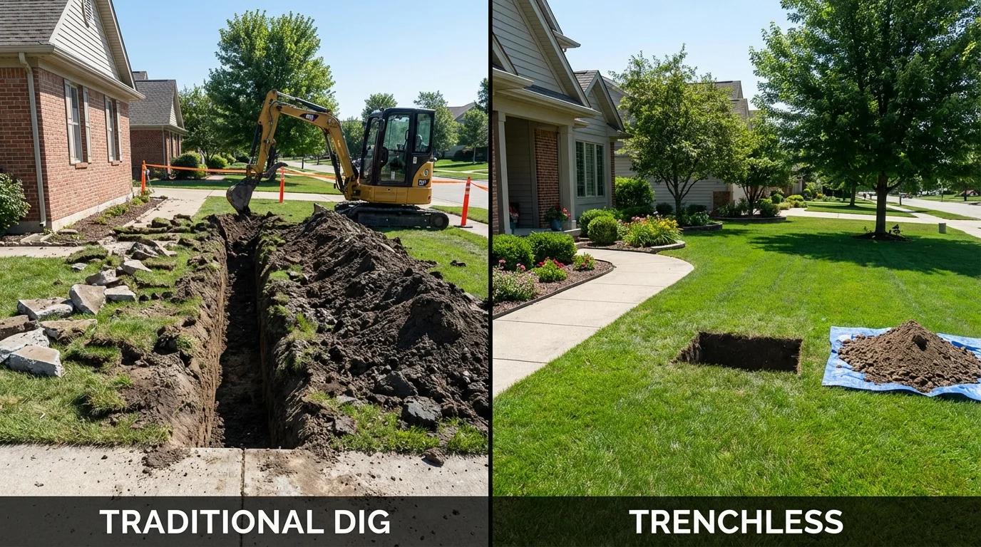 Trenchless sewer repair with minimal yard damage versus traditional excavation in Sharon Springs, KS