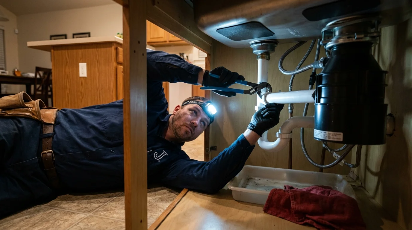 P-trap and supply line connections under a kitchen sink showing a common leak point in Sharon Springs, KS